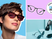 A photo of a person wearing Zenni sunglasses next to a collage of various Zenni glasses on purple and blue backgrounds.