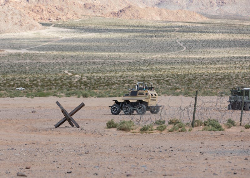 Robotic machine identified only as an “unmanned artificial intelligence vehicle” by the Army, without providing more details, photographed at Fort Irwin, Calif., March 18, 2024. - Photo: U.S. Army photo by Sgt. Brahim Douglas