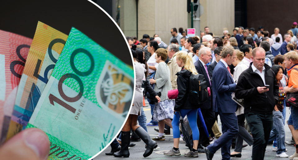 Australian money and people walking. Payment concept.