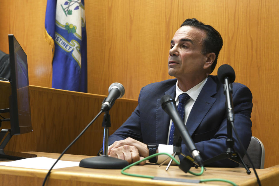 Bridgeport, Conn., Mayor Joe Ganim speaks during a hearing in Bridgeport Superior Court, Tuesday, Oct. 17, 2023, in Bridgeport. (Ned Gerard/Hearst Connecticut Media via AP, Pool)