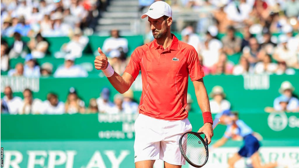 Novak Djokovic gives a thumbs up at the Monte Carlo Masters