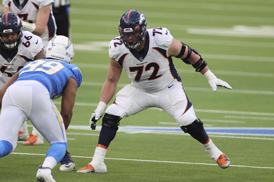 FILE - Denver Broncos offensive tackle Garett Bolles (72) blocks during an NFL football game against the Los Angeles Chargers in Inglewood, Calif., in this Sunday, Dec. 27, 2020, file photo. The Broncos declined Bolles’ fifth-year option in 2020 but by November had given him a $68 million, four-year extension. (AP Photo/Peter Joneleit, FIle)