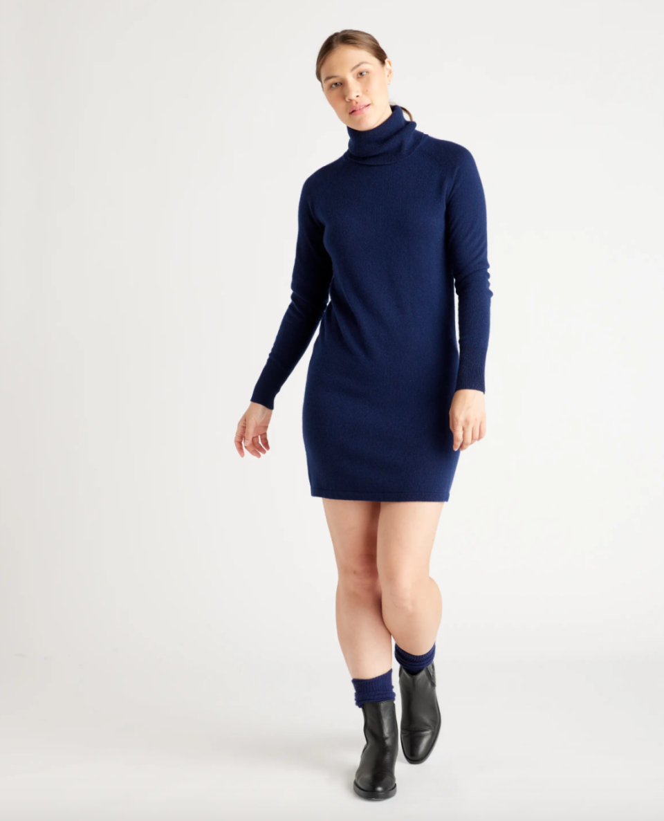 <h2>Quince Mongolian Cashmere Turtleneck Sweater Dress</h2><br><em><strong>The Cashmere Choice</strong></em><br><br><strong>The Hype: </strong>4.8 out of 5 stars; 255 reviews on OneQuince.com<br><br>There's one word that immediately comes to mind when we hear the phrase "sweater weather": cashmere. This turtleneck dress by the brand Quince — known for high-quality basics at radically low prices — is both flattering and comfortable, and it's made from the softest grade A cashmere to make your autumn attire dreams come true. <br><br>"I love this cozy dress," exclaims a reviewer. "It's a beautiful color, excellent quality, and it's very true to the picture. The countdown to autumn begins." <br><br><br><em>Shop</em> <em><strong><a href="https://www.onequince.com/" rel="nofollow noopener" target="_blank" data-ylk="slk:Quince" class="link ">Quince</a></strong></em><br><br><strong>Quince</strong> Mongolian Cashmere Turtleneck Sweater Dress, $, available at <a href="https://go.skimresources.com/?id=30283X879131&url=https%3A%2F%2Fwww.onequince.com%2Fwomen%2Fcashmere%2Fcashmere-turtleneck-sweater-dress%3Fcolor%3Dnavy" rel="nofollow noopener" target="_blank" data-ylk="slk:Quince" class="link ">Quince</a>