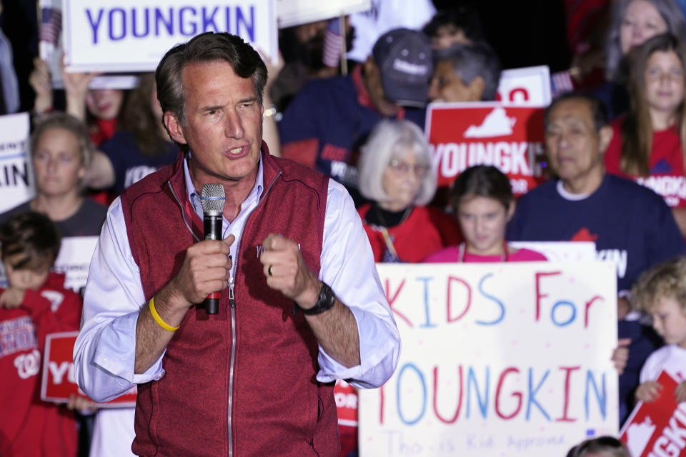 Republican gubernatorial candidate Glenn Youngkin speaks during a rally in Glen Allen, Va., Saturday, Oct. 23, 2021. Youngkin will face Democrat Terry McAuliffe in the November election. (AP Photo/Steve Helber)