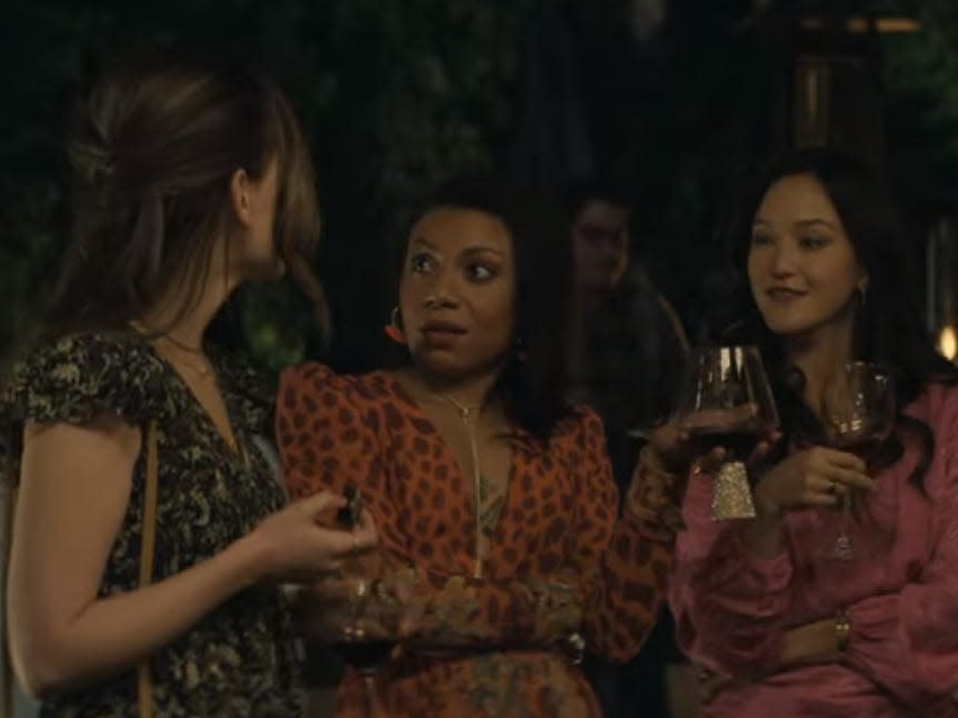 Love talking to her neighbors at a party during "you" season three