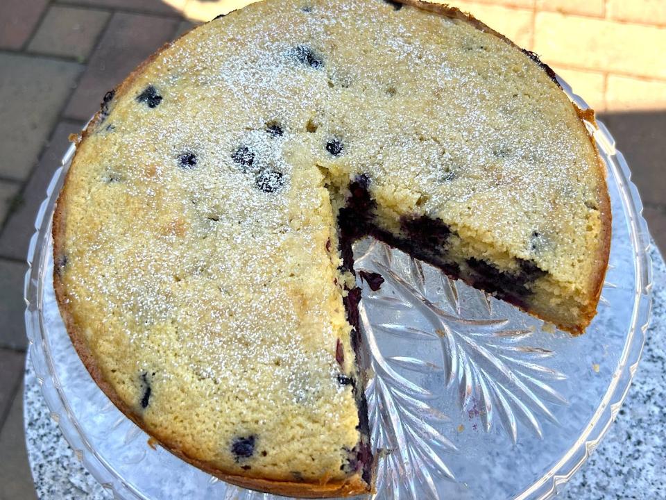 Sliced Ina Garten's Blueberry Ricotta Breakfast Cake