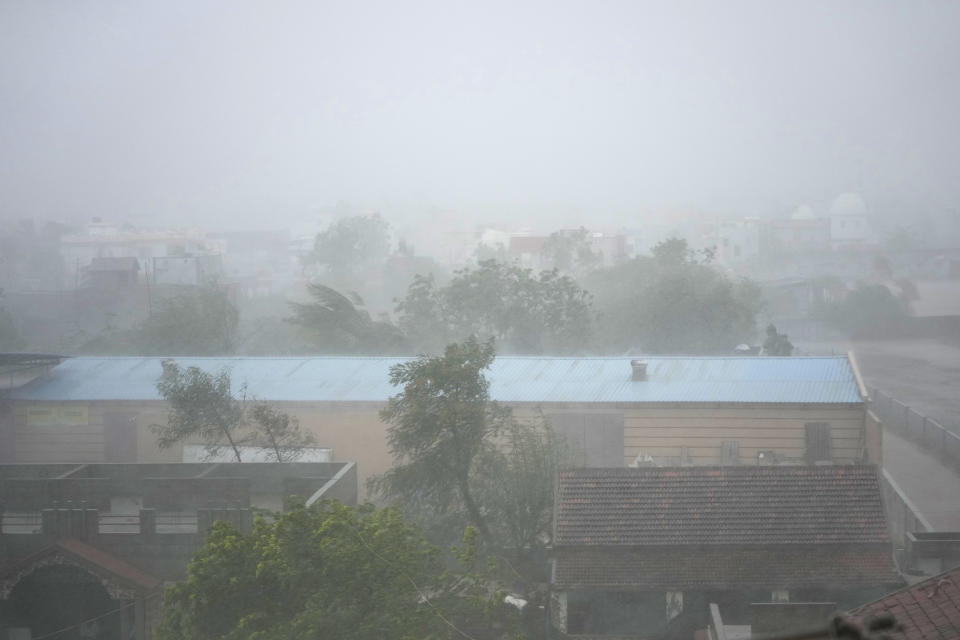 Heavy winds and incessant rains are seen after landfall of cyclone Biparjoy at Mandvi in Kutch district of Western Indian state of Gujarat, Friday, June 16, 2023. (AP Photo/Ajit Solanki)