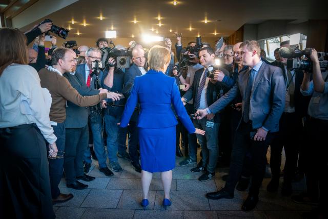 Sturgeon speaks to reporters after her final First Minister’s Questions yesterday (PA)