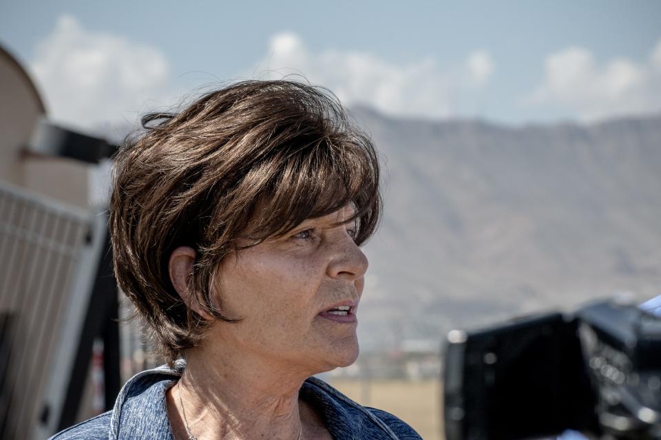 U.S. House Rep. Yvette Herrell, R-N.M., talks about her experience meeting refugees from Afghanistan during a news conference Wednesday, Oct. 6, 2021, in front of Fort Bliss' Buffalo Soldier Gate.