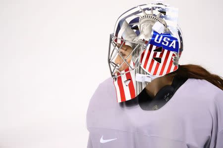 Feb 5, 2018; Gangneung, KOR; USA goalie Nicole Hensley (29) looks on during a training session for the PyeongChang 2018 Olympic Winter Games at Kwandong Hockey Centre. Mandatory Credit: Rob Schumacher-USA TODAY Sports
