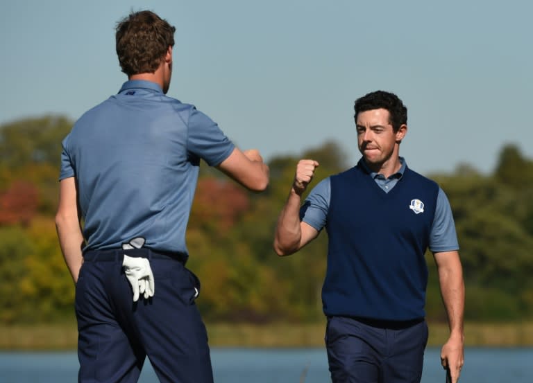 Team Europe's Rory McIlroy and Thomas Pieters in the Ryder Cup in Minnesota on September 30, 2016