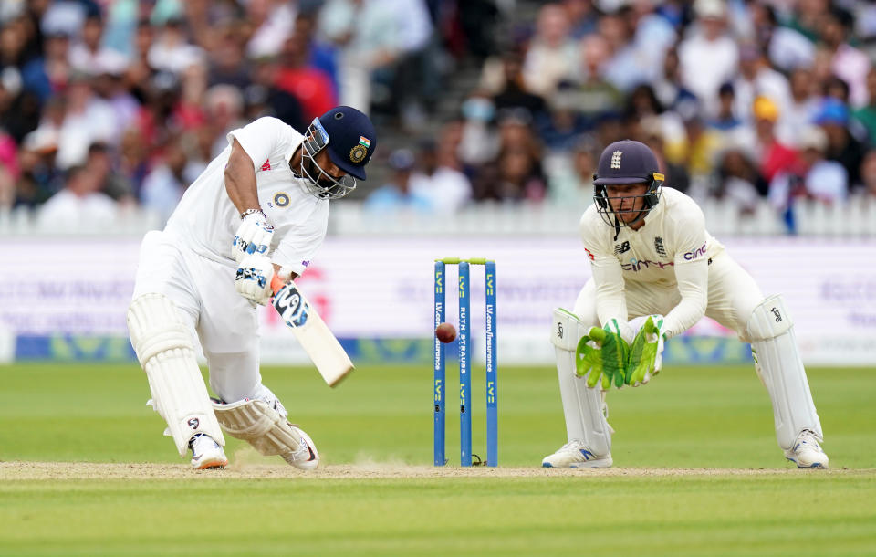 Indias Rishabh Pant bats during day four of the cinch Second Test match at Lord's, London. Picture date: Sunday August 15, 2021. (Photo by Zac Goodwin/PA Images via Getty Images)