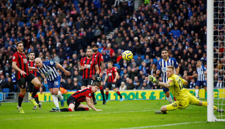 Soccer Football - Premier League - Brighton & Hove Albion v AFC Bournemouth - The American Express Community Stadium, Brighton, Britain - December 28, 2019  Brighton & Hove Albion's Aaron Mooy scores their second goal   REUTERS/Eddie Keogh  EDITORIAL USE ONLY. No use with unauthorized audio, video, data, fixture lists, club/league logos or "live" services. Online in-match use limited to 75 images, no video emulation. No use in betting, games or single club/league/player publications.  Please contact your account representative for further details.