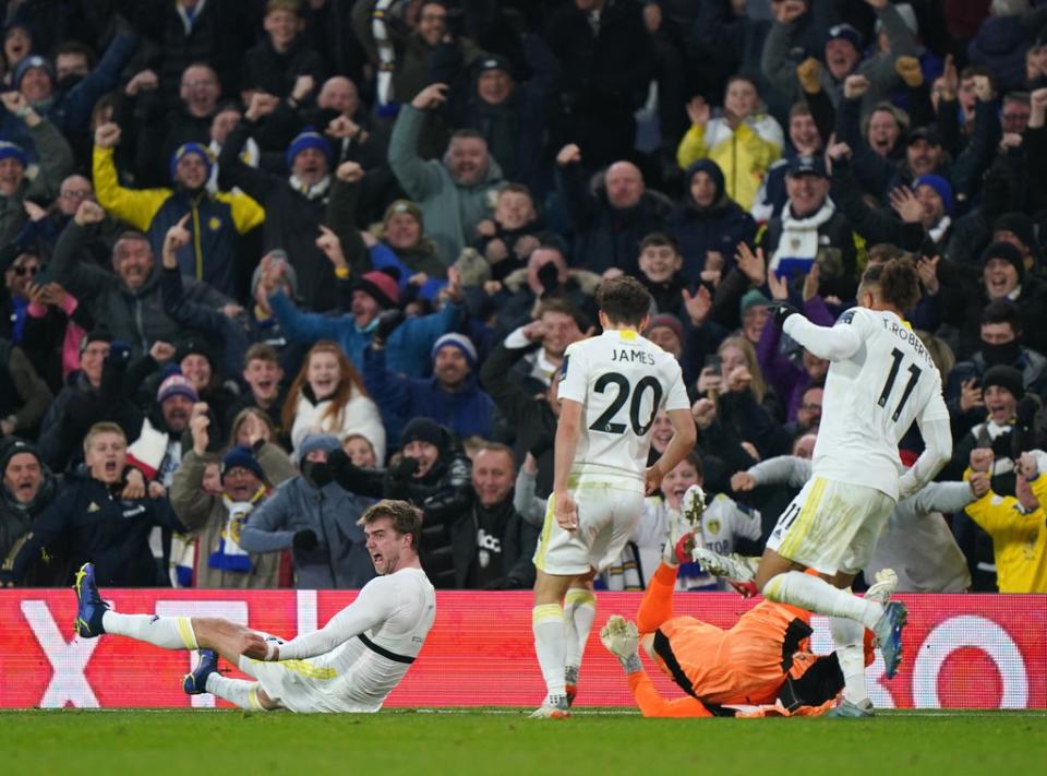 Leeds substitute Patrick Bamford (left) celebrates his late equaliser in the 2-2 draw with Brentford (Tim Goode/PA Images). (PA Wire)