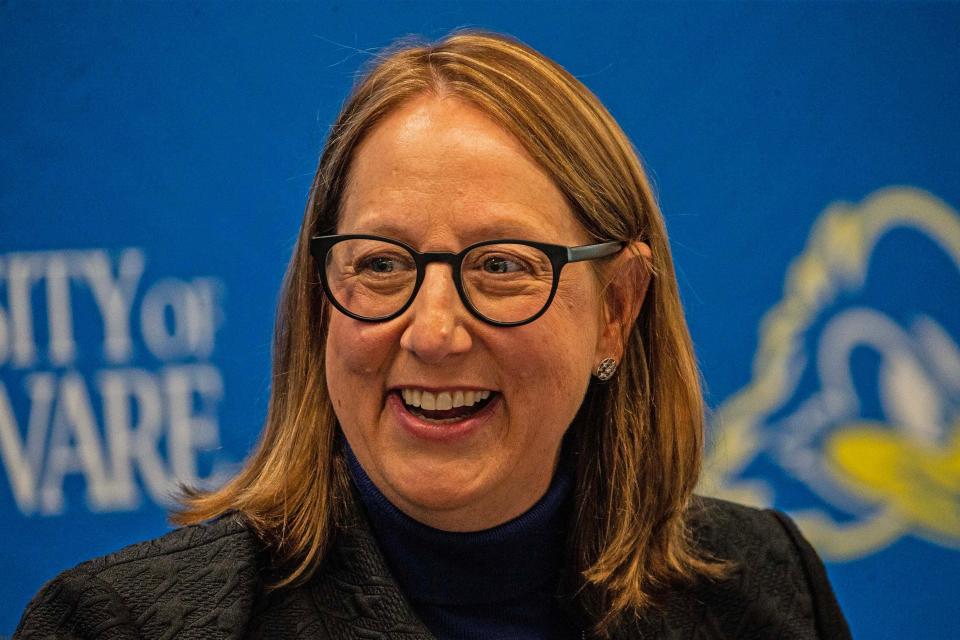 University of Delaware athletic director Chrissi Rawak reacts during a press conference at UD's Whitney Athletic Center in Newark, Wednesday, Nov. 29, 2023. The University of Delaware formally announced at the press conference that it has accepted an invitation to join Conference USA as a full-league member effective July 1, 2025.