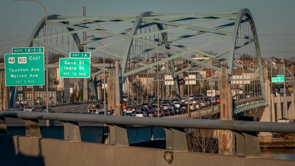 Eastbound traffic slows on I-195 across as the new traffic pattern took effect on Friday.