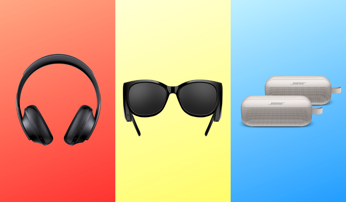 headphones, sunglasses, speakers