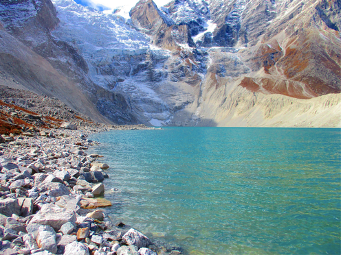 <span class="caption">Lake Jialong in the Central Himalaya is a new lake created by glacial meltwater.</span> <span class="attribution"><span class="source">Tobias Bolch</span>, <span class="license">Author provided</span></span>