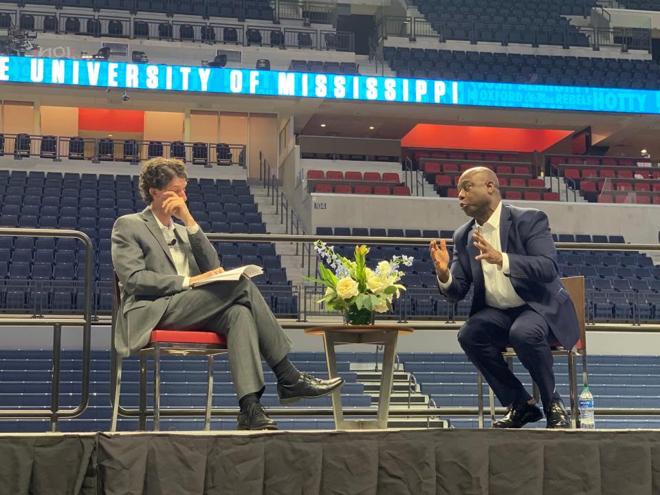 Steven Skultety tears up as Sen. Tim Scott discusses the state of democracy in America on Oct. 27 in the Pavilion at the University of Mississippi.