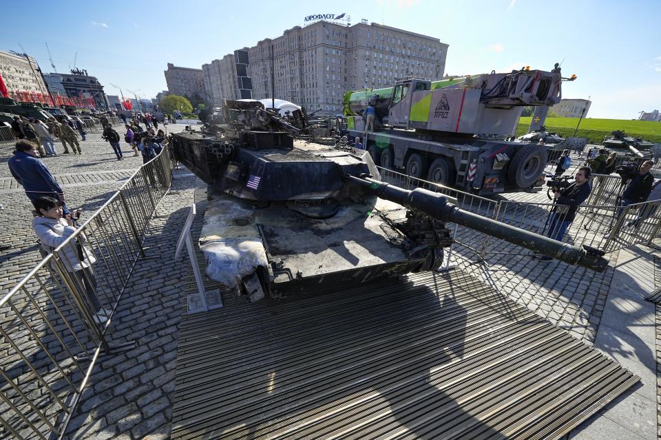 A U.S. made M1A1 Abrams tank hit and captured by Russian troops during the fighting in Ukraine is seen on display in Moscow, on Wednesday, May 1, 2024. An exhibition of military equipment captured from Kyiv forces during the fighting in Ukraine has opened in the Russian capital. (AP Photo/Alexander Zemlianichenko)
