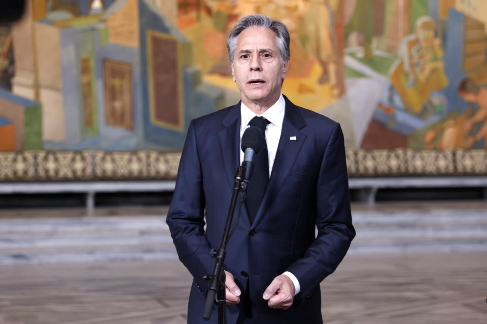 U.S. Secretary of State Antony Blinken gives a statement to the media, at Oslo City Hall, during a meeting of NATO's foreign ministers in Oslo, Thursday, June 1, 2023. (Hanna Johre/NTB Scanpix via AP)