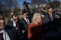 <p>Kellyanne Conway, counselor to President Trump, is surrounded by members of the media as she talks about a possible government shutdown in front of the West Wing at the White House in Washington on Friday, Jan. 19, 2018. (Photo: Jabin Botsford/The Washington Post via Getty Images) </p>