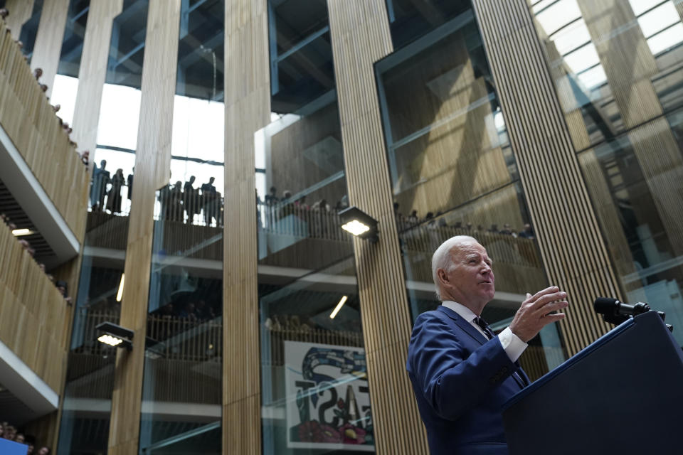 President Joe Biden speaks at Ulster University in Belfast, Northern Ireland, Wednesday, April 12, 2023. (AP Photo/Patrick Semansky)