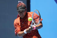 Naomi Osaka, of Japan, practices ahead of the 2020 Summer Olympics at Ariake Tennis Center, Monday, July 19, 2021, in Tokyo. (AP Photo/Kiichiro Sato)