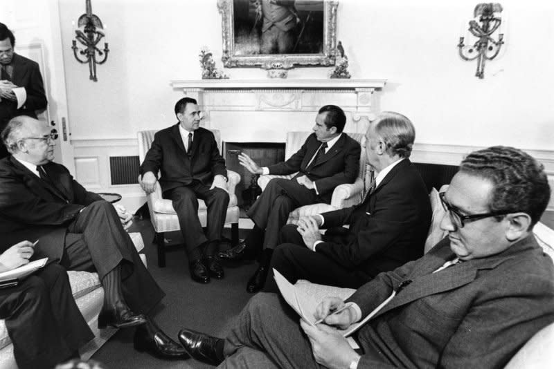 Pres. Nixon meets on October 2, 1972 at the White House, with on his left Russian Ambassador Anatoly Debrynin and Soviet Foreign Minister Andrei Gromyko; and on his right Secretary of State William Rogers and National Security adviser Henry Kissinger (taking notes). The next day a ceremony will be held at the Executive Mansion, whereby Nixon and Gromyko will formally sign and exchange two documents which will bring into full effect the strategic arms limitation agreements between the two superpowers. File photo by Frank Cancellare/UPI