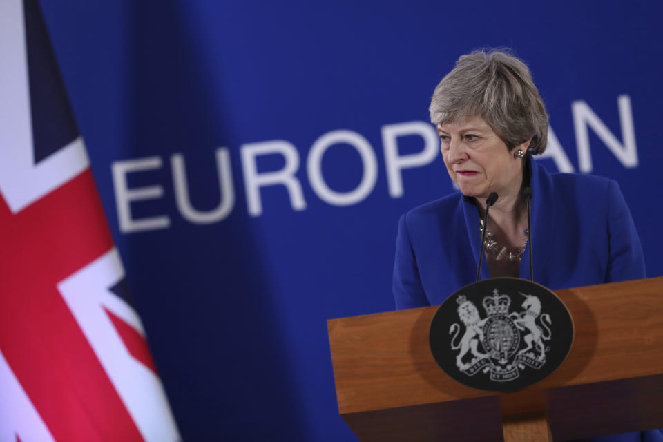 British Prime Minister Theresa May speaks during a media conference at the conclusion of an EU summit in Brussels, Thursday, April 11, 2019. European Union leaders on Thursday offered Britain an extension to Brexit that would allow the country to delay its EU departure date until Oct. 31. (AP Photo/Francisco Seco)