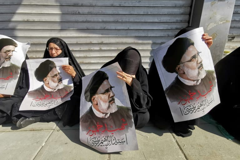 Mourners hold posters of Iranian president Ebrahim Raisi, killed in a helicopter crash, during his funeral procession in Tehran (Atta KENARE)