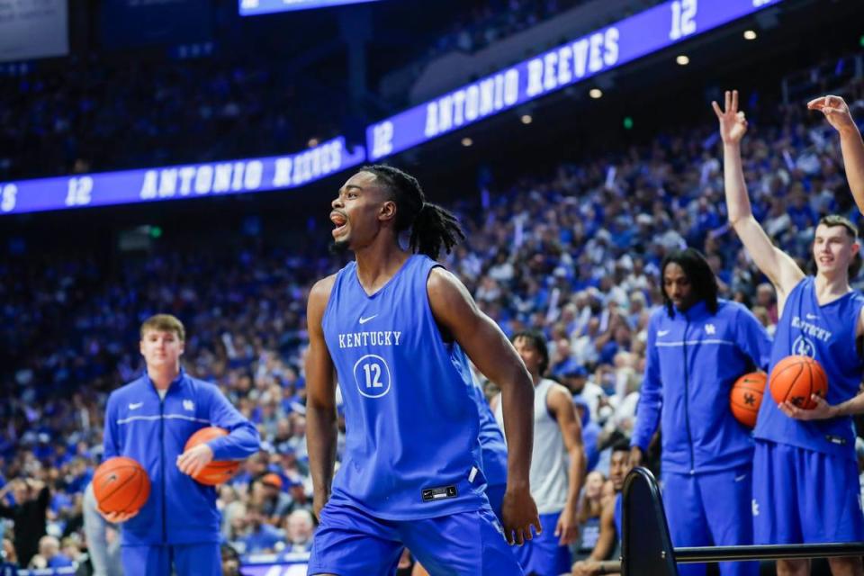 Antonio Reeves celebrates winning the 3-point shooting contest at Big Blue Madness on Friday night.