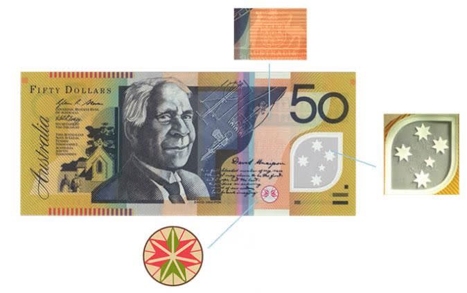 The RBA suggests looking at these elements in the $50 to tell if it's a fake. Photo: Reserve Bank of Australia