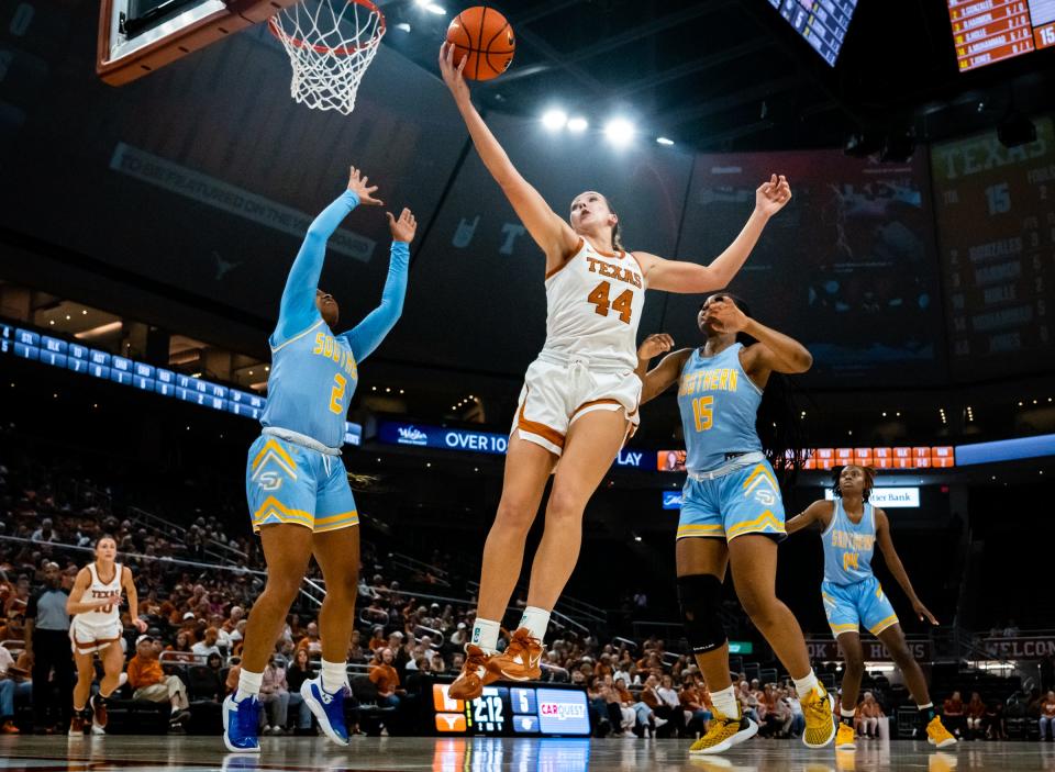 Texas forward Taylor Jones catches a pass under the basket during the Longhorns' 80-35 win over Southern on Nov. 8.