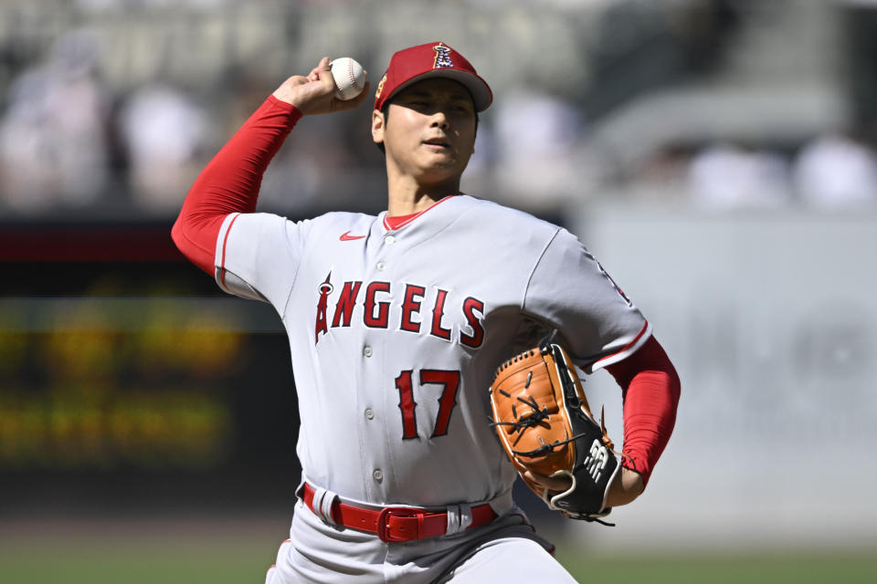 Los Angeles Angels starting pitcher Shohei Ohtani delivers during the first inning of a baseball game against the San Diego Padres on Tuesday, July 4, 2023, in San Diego. (AP Photo/Denis Poroy)