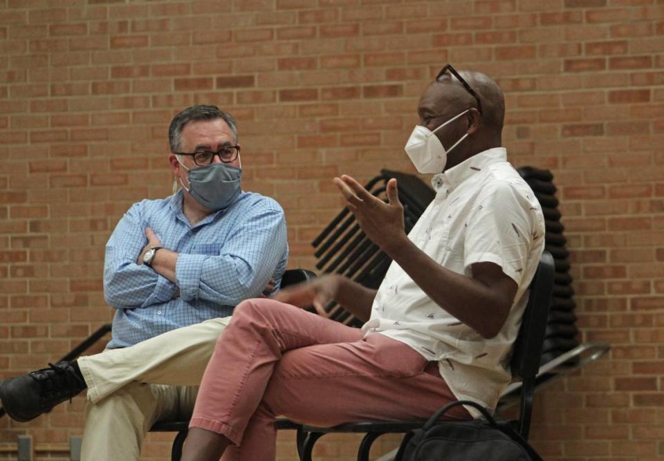 Will Campbell, director of Jazz Studies and professor of saxophone at UNC Charlotte, chats with Grammy-winning saxophonist Branford Marsalis during an on-campus master class that Marsalis led on Charlie Parker in August 2021.