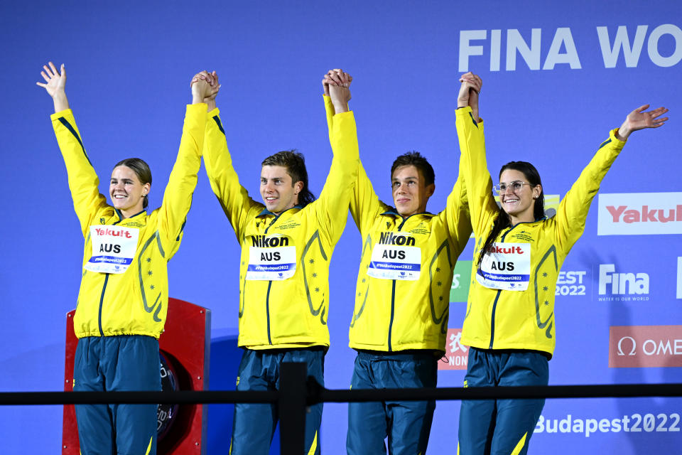 Shayna Jack, Matthew Temple, Zac Stubblety-Cook and Kaylee McKeown, pictured here after winning silver in the medley relay at the swimming world championships.