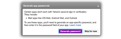 Yahoo Generage app passwords screen