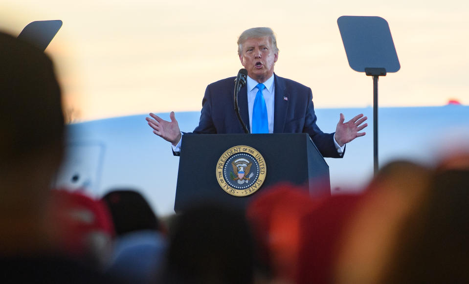 LATROBE, PA - SEPTEMBER 03: President Donald Trump speaks to supporters at a campaign rally at Arnold Palmer Regional Airport on September 3, 2020 in Latrobe, Pennsylvania. Trump won Pennsylvania in the 2016 election by a narrow margin. (Photo by Jeff Swensen/Getty Images)