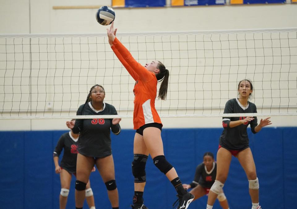 Mamaroneck's Sam Vetere sets the ball during the Tigers' 3-2 win over North Rockland to claim the Section 1 Class AA volleyball title at Mahopac High School in Mahopac on Saturday, November 5, 2022.