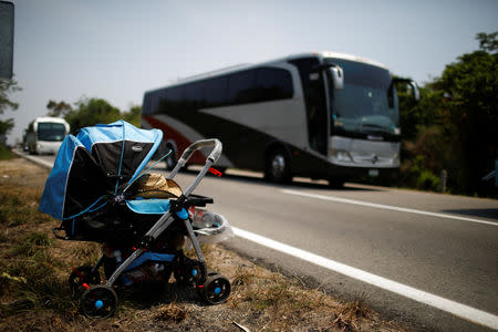 A stroller abandoned by Central American migrants is seen after a raid in their journey towards the United States, in Pijijiapan, Mexico April 22, 2019. REUTERS/Jose Cabezas