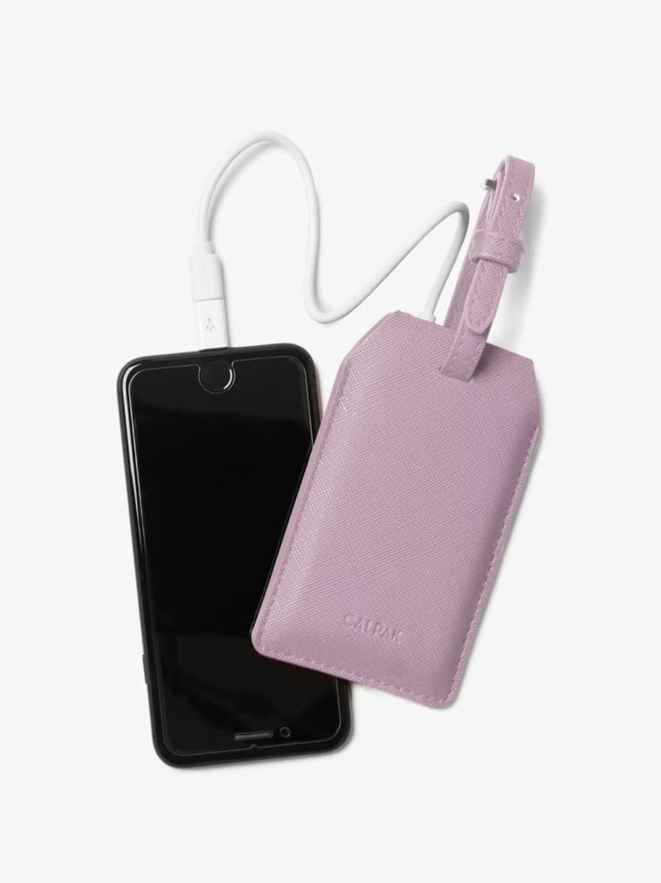 lavender portable charger luggage tag plugged into phone