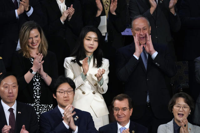 South Korea's first lady Kim Keon Hee, applauds as South Korean President Yoon Suk Yeol arrives to address a joint meeting of Congress in the House chamber at the Capitol in Washington, Thursday, April 27, 2023. Vice President Kamala Harris', husband, second gentleman Doug Emhoff, is right. (AP Photo/J. Scott Applewhite)