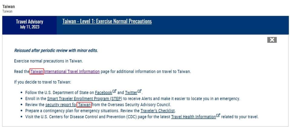 美國國務院領務局11日更新對台旅遊警示，移除網頁提到的「國家」字眼，改為「台灣」。（翻攝自美國國務院官網）