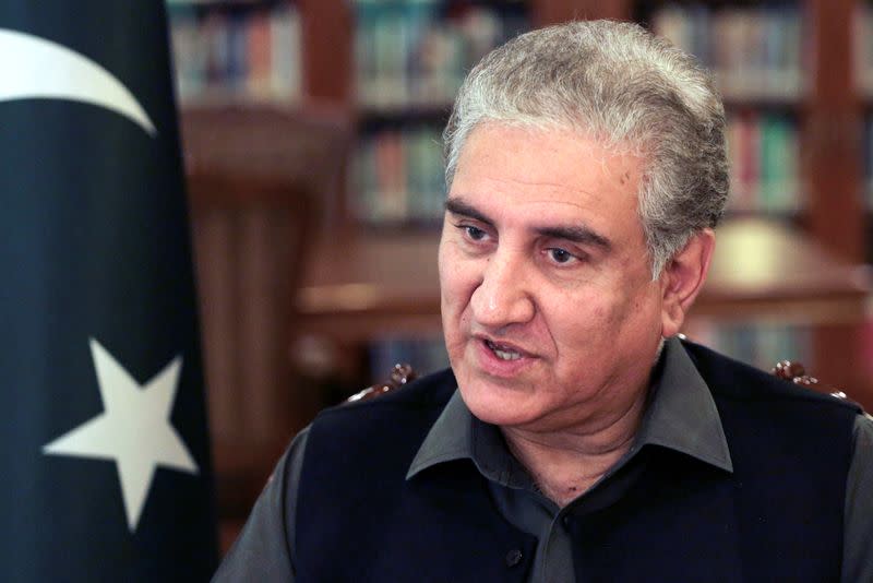 Pakistan's Foreign Minister Shah Mehmood Qureshi speaks during an interview with Reuters at the Ministry of Foreign Affairs office in Islamabad