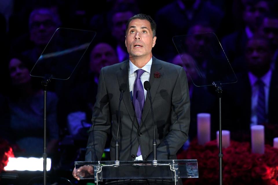 Los Angeles Lakers general manager Rob Pelinka speaks during The Celebration of Life for Kobe & Gianna Bryant at Staples Center on Feb. 24, 2020.