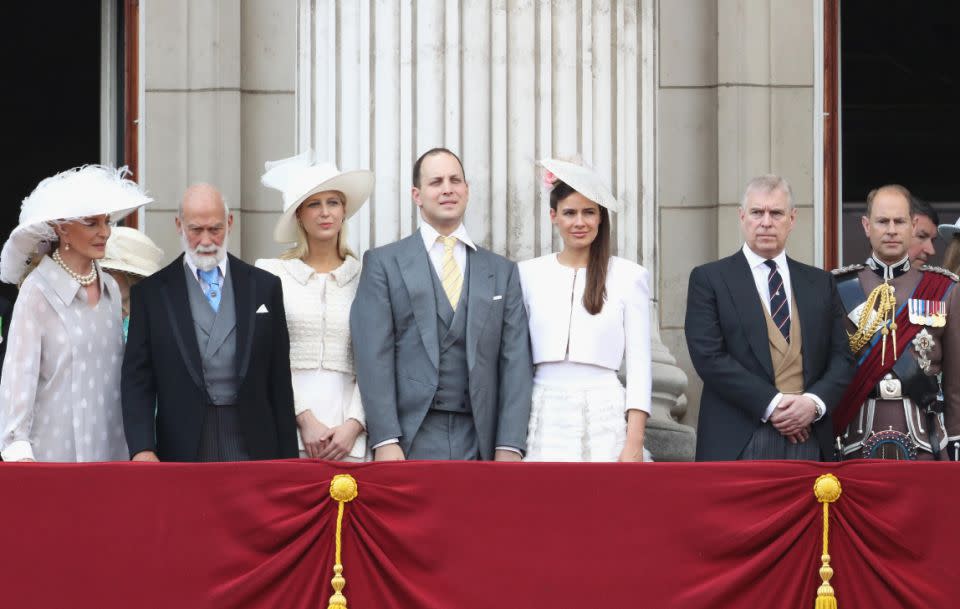 Lord Frederick Windsor's father the Prince of Kent is the Queen's cousin making Maud and George distant cousins. Here the Prince and Princess of Kent and Lord and Lady Windsor attend the Trooping of the Colour at Buckingham Palace earlier this year. Source: Getty