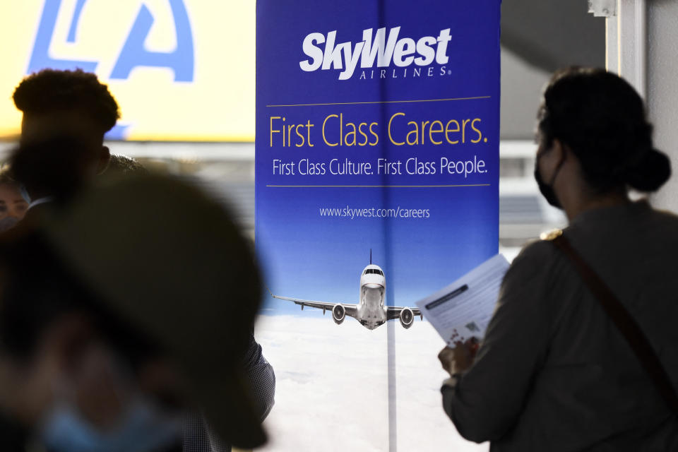 SkyWest Airlines sign with a tagline that says &#39;first class careers.&#39; Source: Getty Images