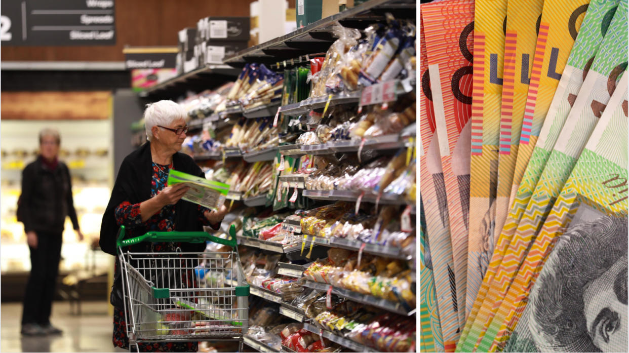 Christmas grocery shopping and Australian money notes. Inflation concept.