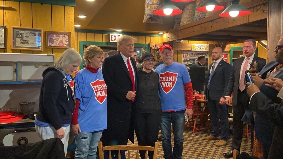 Former President Donald Trump stops at the Machine Shed Restaurant in Davenport, Iowa, on his way to speak at the Adler Theater on Monday, March 13, 2023. It’s the kind of retail stop the candidate for president never made while running in the 2016 Iowa caucuses.